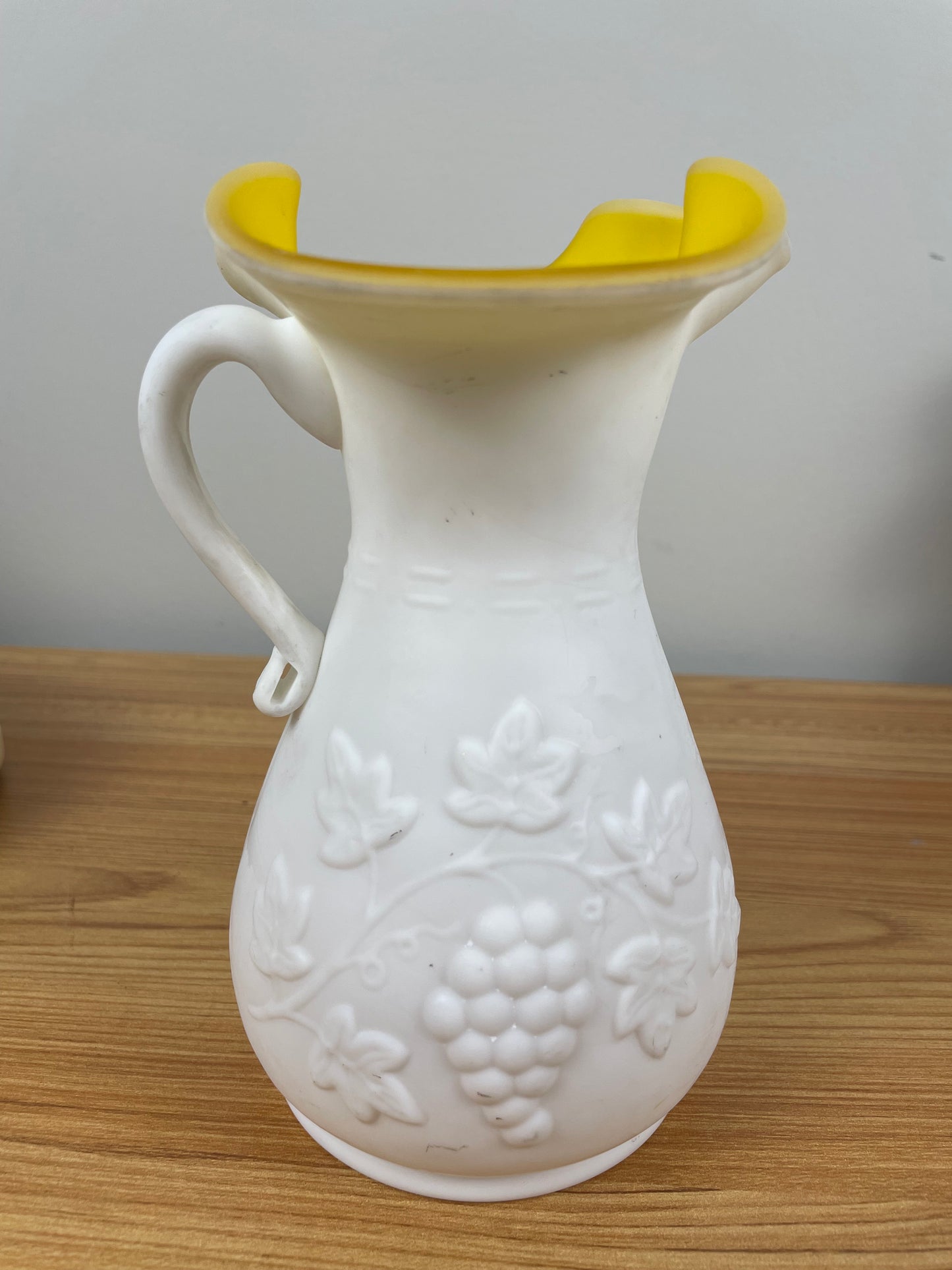 6" Kanawha Grape Pressed Milk Glass Ruffled Rim Pitcher Yellow Cased Glass