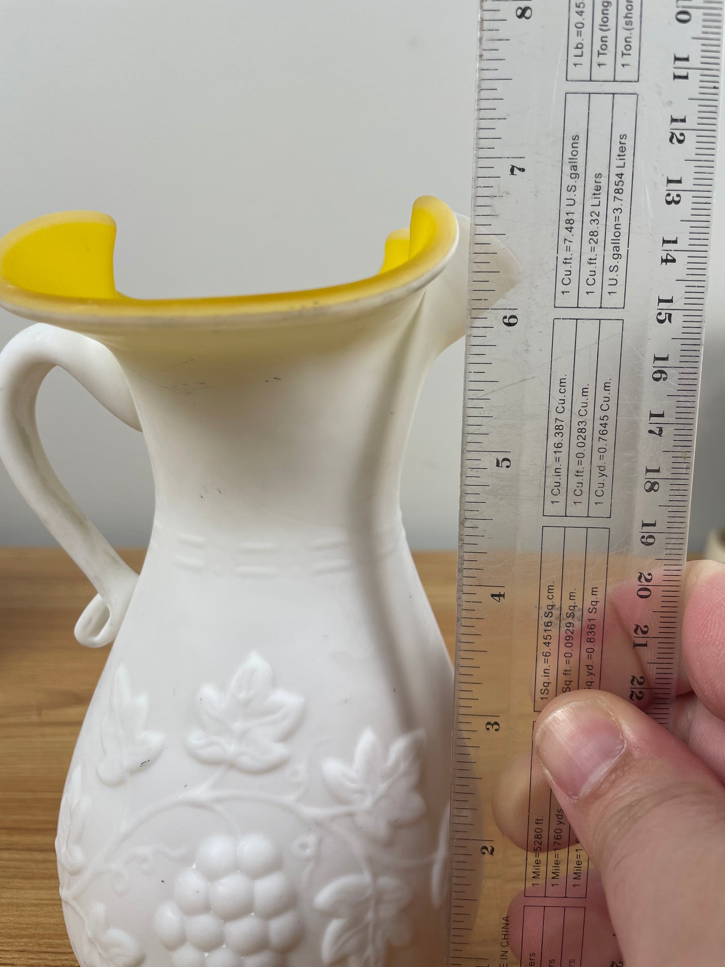 6" Kanawha Grape Pressed Milk Glass Ruffled Rim Pitcher Yellow Cased Glass