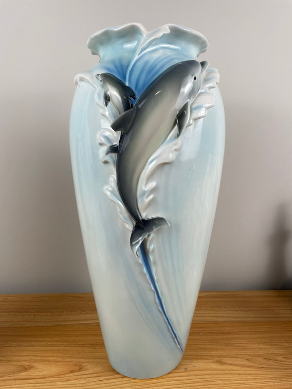 Franz Porcelain DOLPHIN SPLASH TALL VASE XP1683 18" Tall Damaged