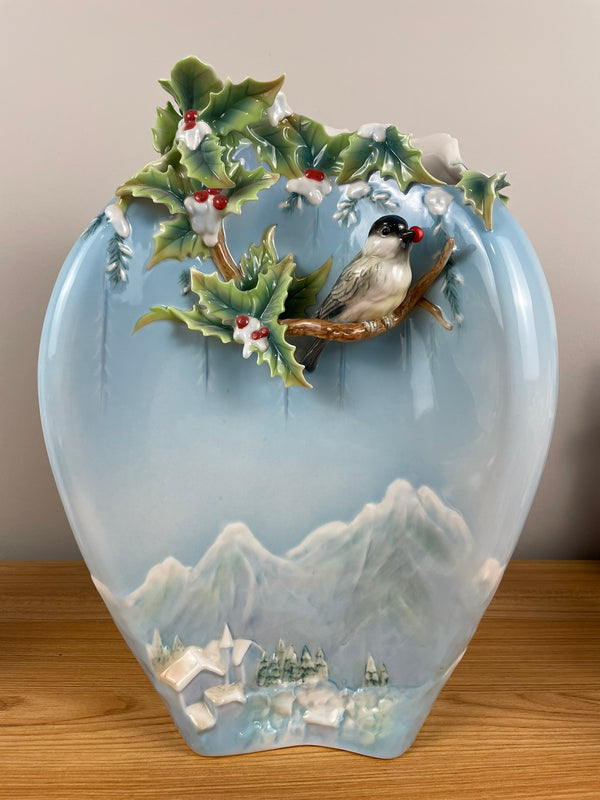 FRANZ PORCELAIN KATY IRELAND HOLIDAYS BEGINNING CHICADEE BIRDS VASE15" ORIG