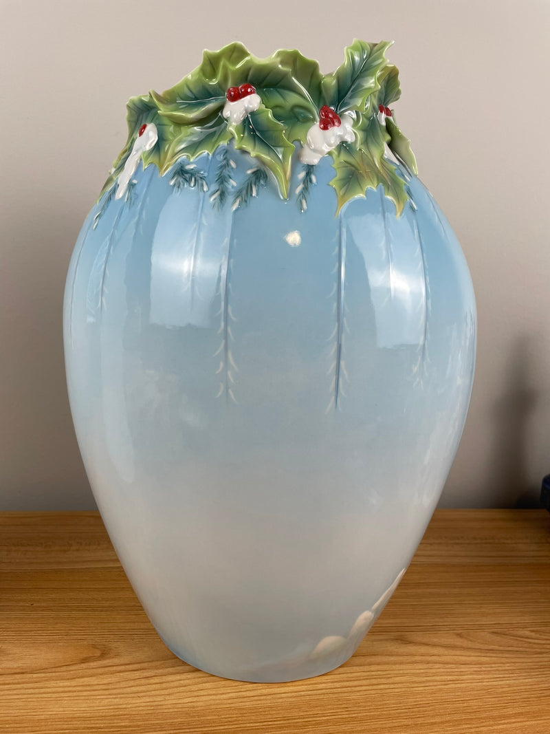 FRANZ PORCELAIN KATY IRELAND HOLIDAYS BEGINNING CHICADEE BIRDS VASE15" ORIG