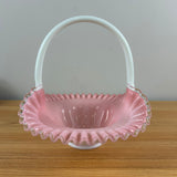 Fenton 1942-1948 Peach Crest Melon Basket With Solid White Handle Ruffled Rim Art Glass