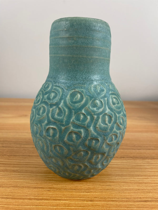 Studio Art Pottery Sea Green Vase With Carved Design on Base Hand Thrown Ribs