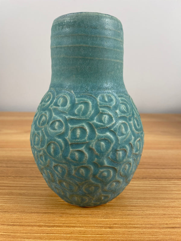 Studio Art Pottery Sea Green Vase With Carved Design on Base Hand Thrown Ribs