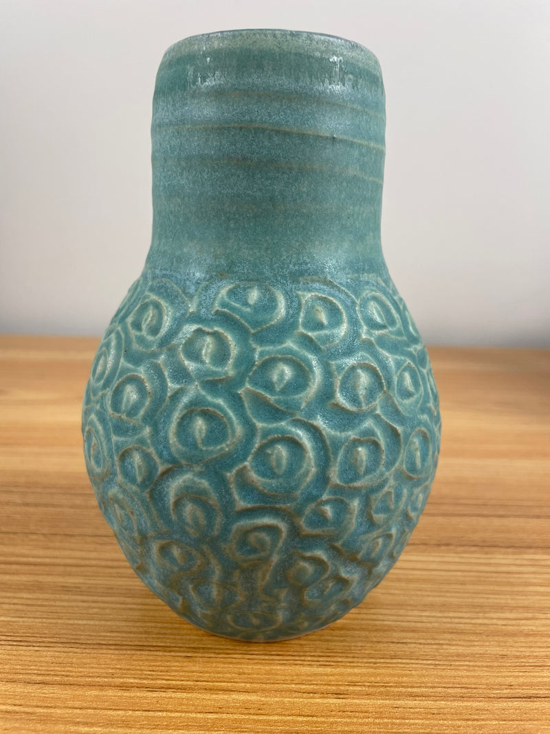 Studio Art Pottery Sea Green Vase With Carved Design on Base Hand Thrown Ribs