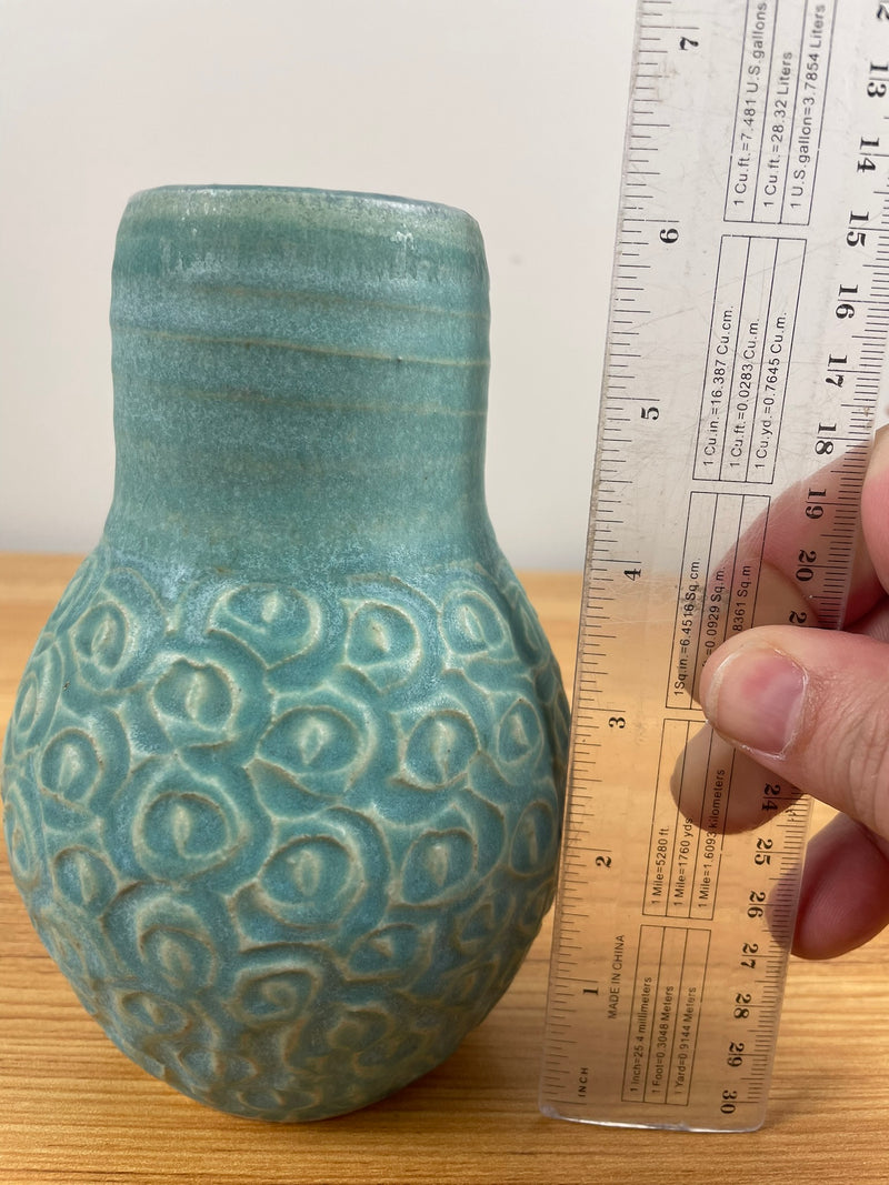 Studio Art Pottery Sea Green Vase With Carved Design on Base Hand Thrown Ribs