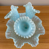 Fenton 1950s Art Glass Sea Blue Opalescent Hobnail Diamond Lace 3 Horn Epergne