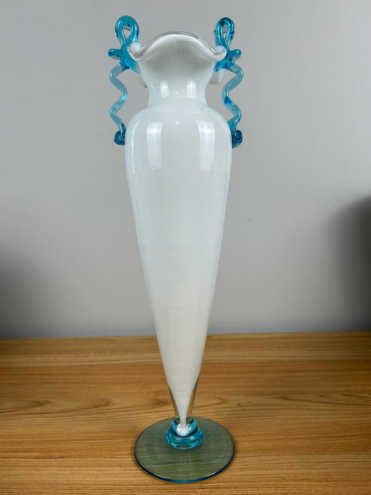 Vintage Murano Venetian Art Glass 14 " Tall Vase Sign Balboa Trophy Vase White