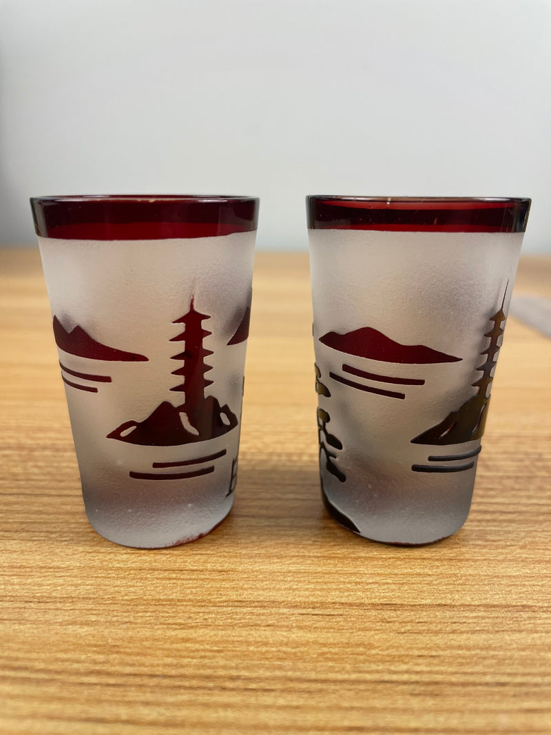 Vintage (2) TWO Noritake Frosted Ruby Red Landscape Mountain Shot Glasses