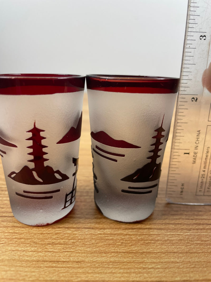 Vintage (2) TWO Noritake Frosted Ruby Red Landscape Mountain Shot Glasses