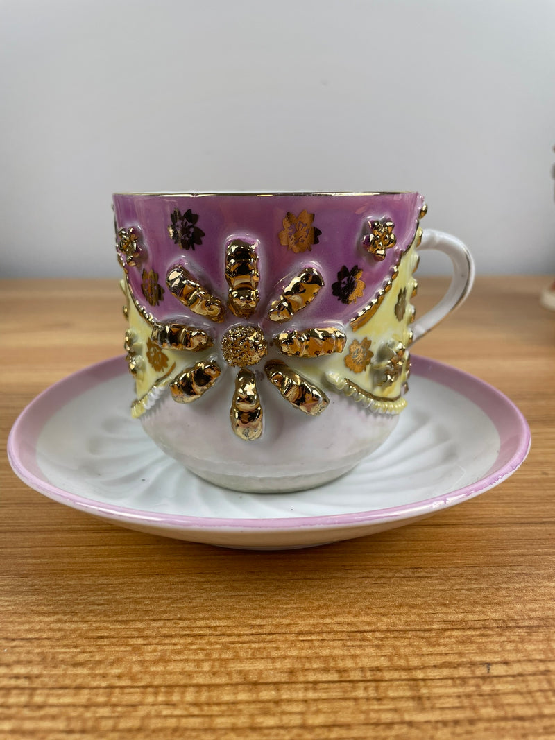 Antique Victorian Cup & Saucer Large Gold Flower In Relief PRMK German