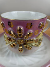 Antique Victorian Cup & Saucer Large Gold Flower In Relief PRMK German