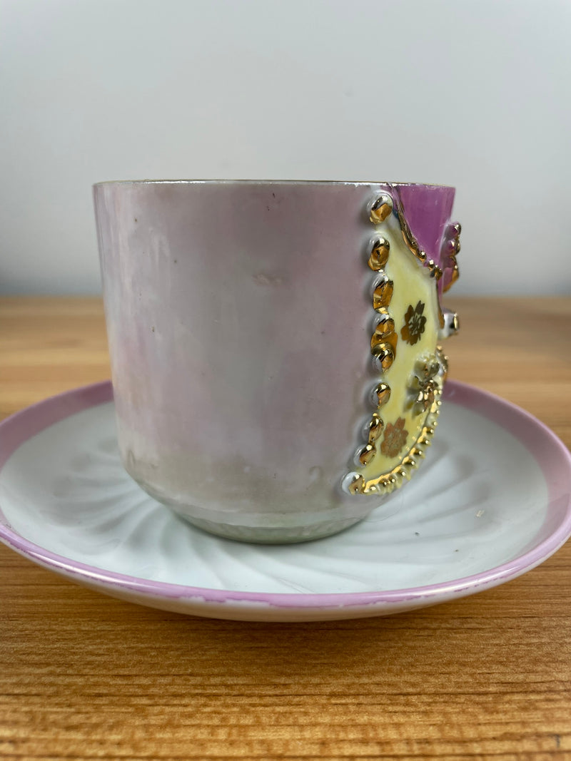 Antique Victorian Cup & Saucer Large Gold Flower In Relief PRMK German