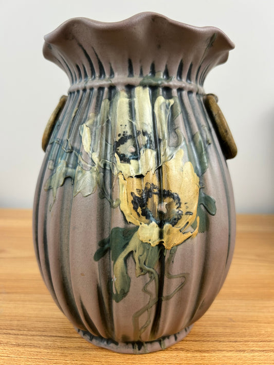 Weller Louella 1915s Vintage Art Pottery Hand Painted Floral Brown Ceramic Vase