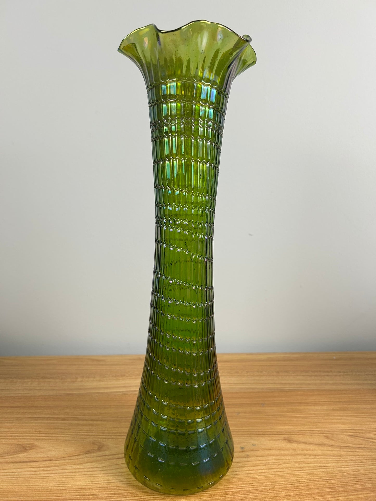 Bohemian Ruffled Rid Green Iridized Glass Hand Blown Very Tall 15" Vase