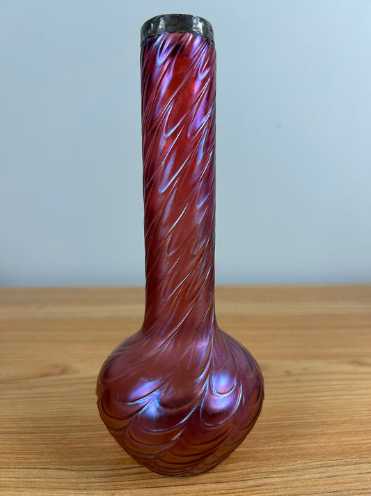 Antique 1900s Kralik Draped Decor, Iridescent Cranberry and Silver Collared Bohemian Art Glass Vase