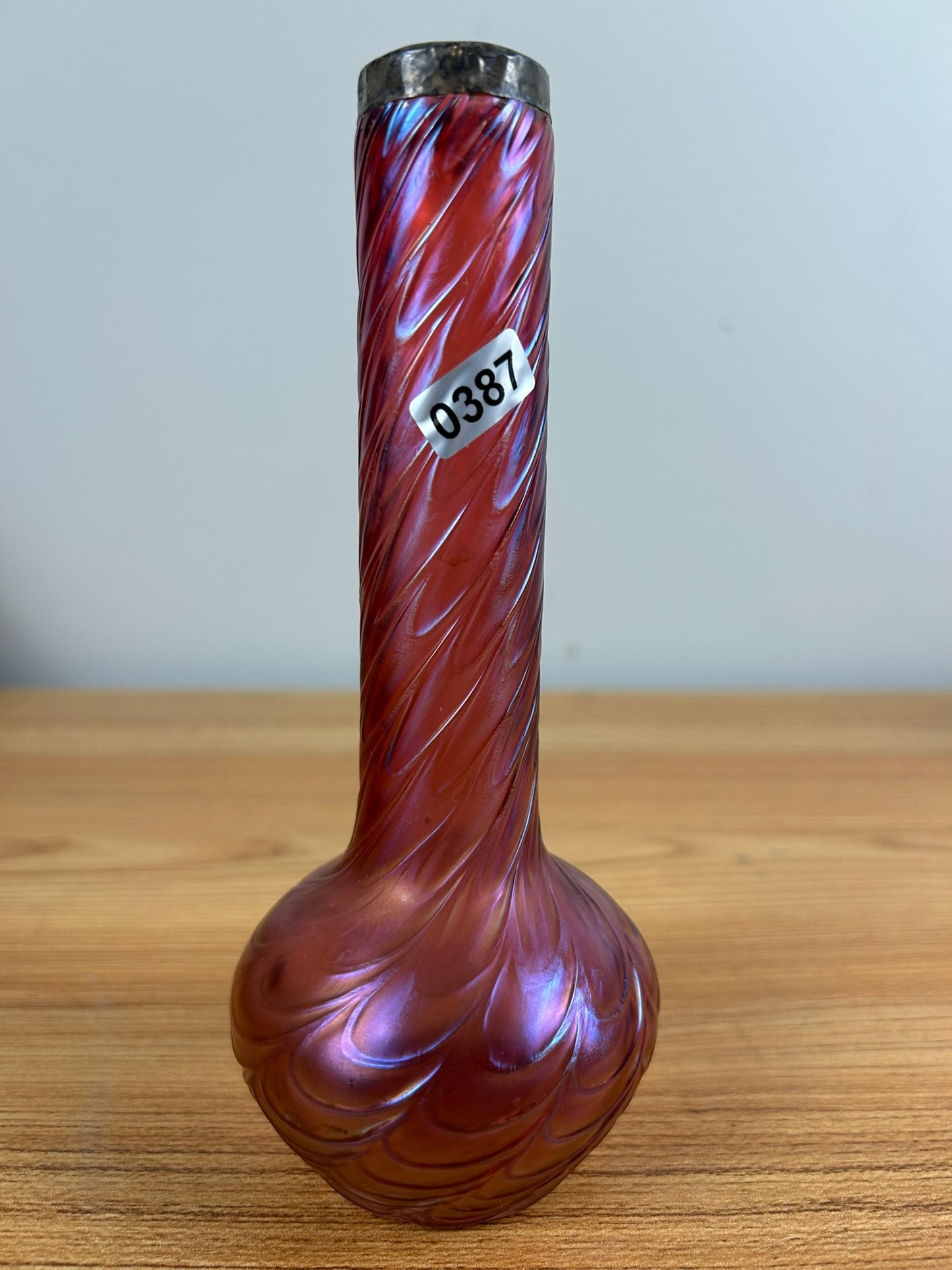Antique 1900s Kralik Draped Decor, Iridescent Cranberry and Silver Collared Bohemian Art Glass Vase