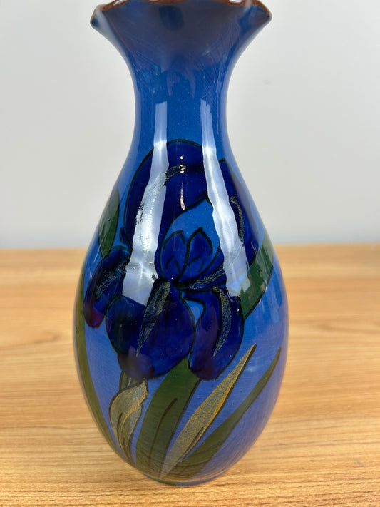 Antique Torquay Pottery Blue Glazed Vase With Hand-Painted Iris Watcombe