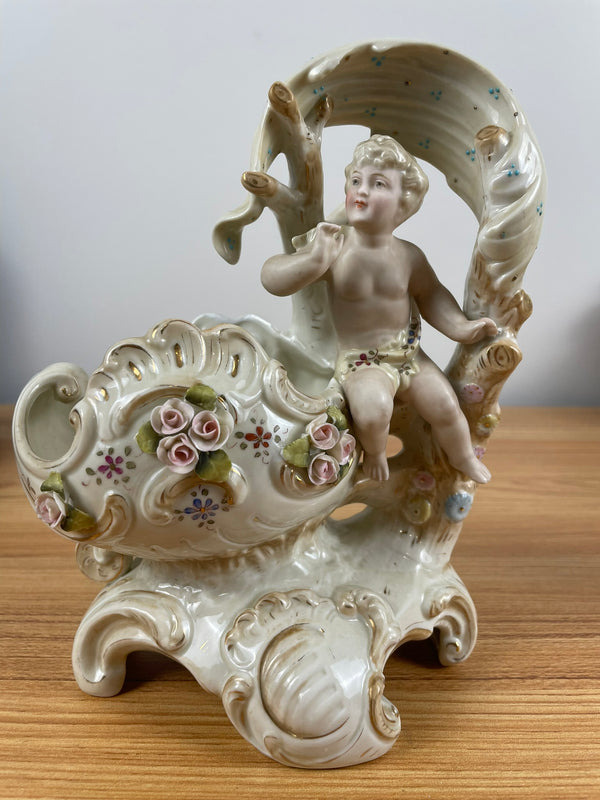 Vintage White Painted Bisque Naked Boy Sitting On Tree Carriage Nice!