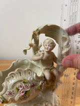 Vintage White Painted Bisque Naked Boy Sitting On Tree Carriage Nice!