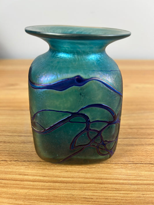 Robert Held Art Glass Hand Blown Turquoise Metallic Iridescent Mini Bud Vase 4"