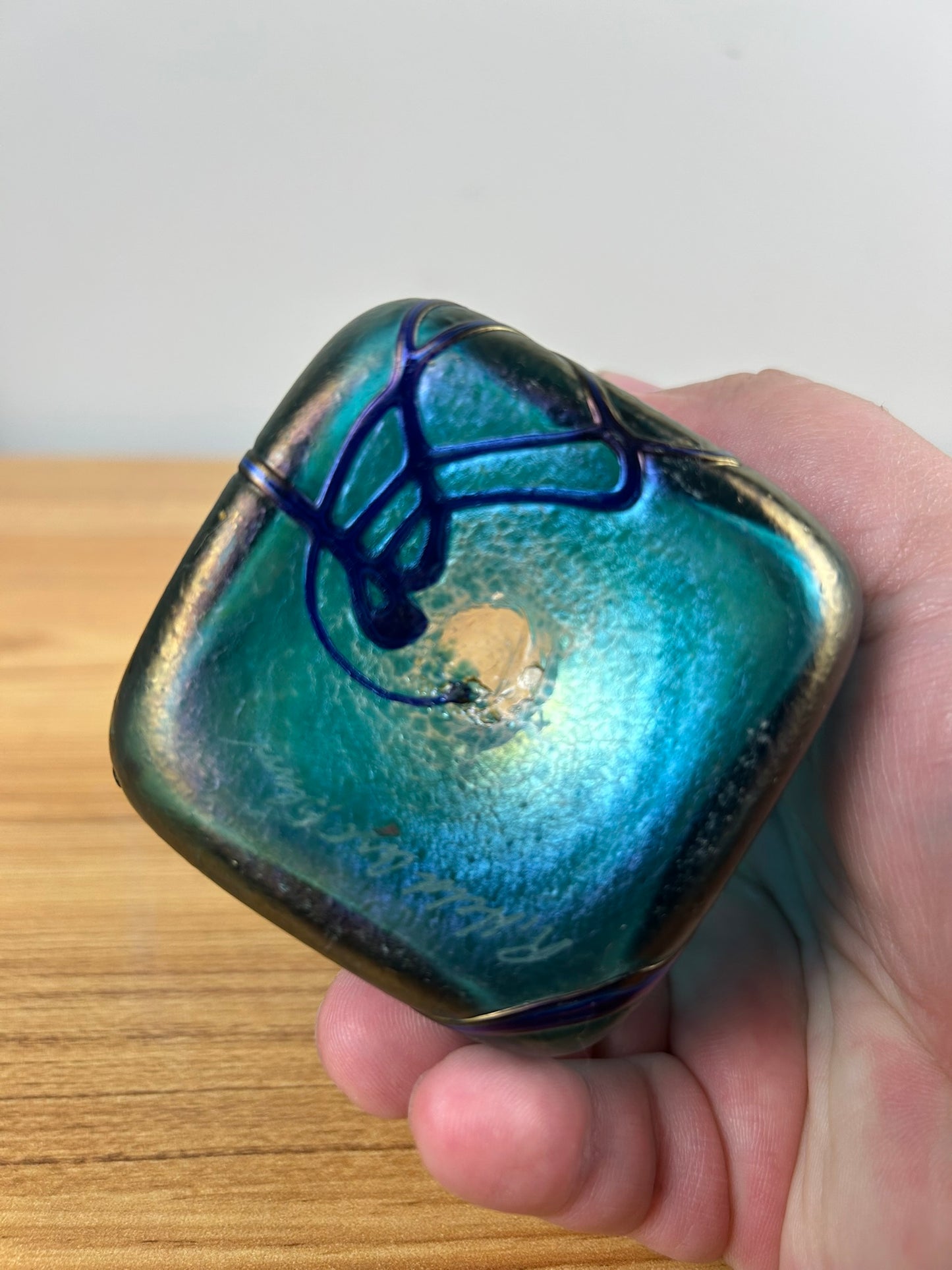 Robert Held Art Glass Hand Blown Turquoise Metallic Iridescent Mini Bud Vase 4"