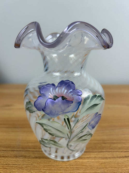 Fenton 5.5" FRENCH OPALESCENT OPTIC SPIRAL “LAVENDER PETALS” VIOLET CREST VASE