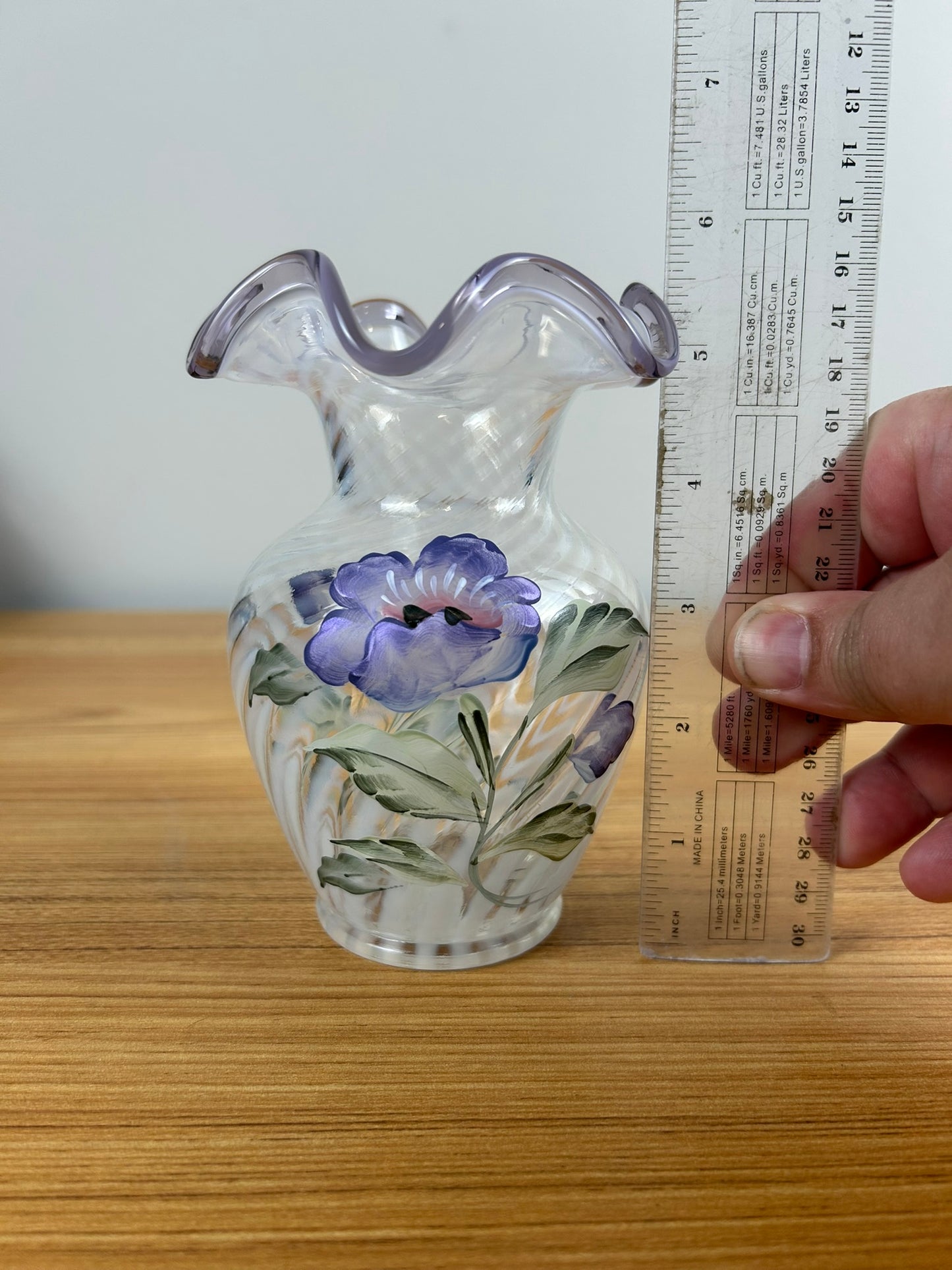 Fenton 5.5" FRENCH OPALESCENT OPTIC SPIRAL “LAVENDER PETALS” VIOLET CREST VASE