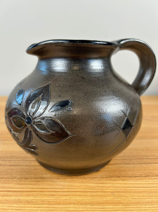 Otto Blum Germany Hand Made Salt Glazed Handled Floral Design Pitcher