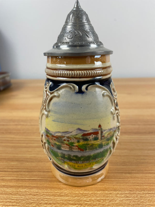 Vintage German Beer Stein Pewter Lid Wien MR 3056 Landscape Scene 6" Tall