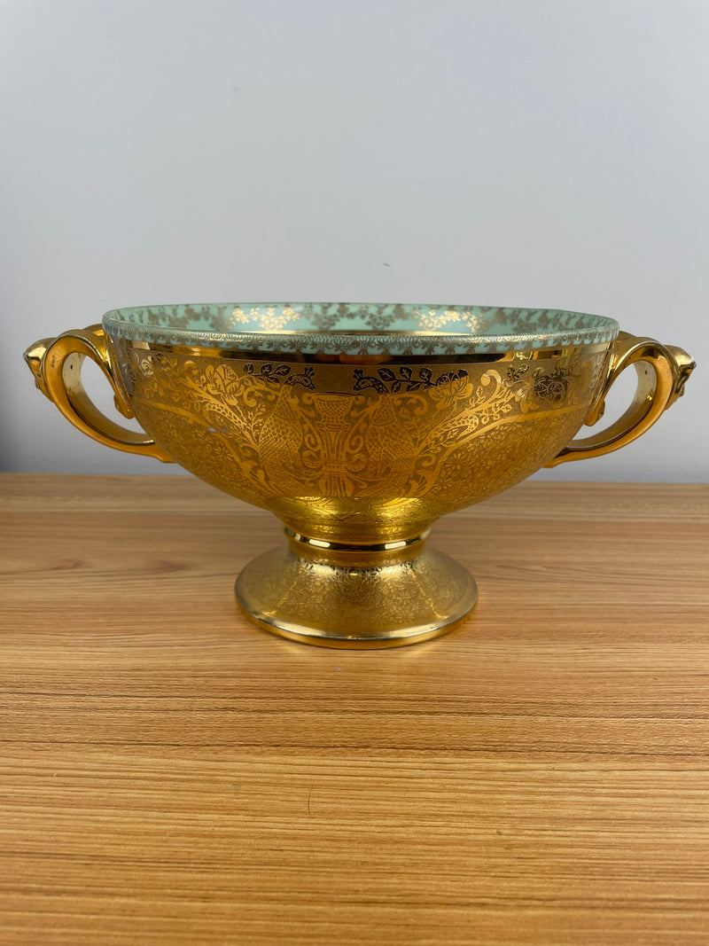 24K Gold ENCRUSTED Antique Bohemia Ceramic Footed Center Bowl. STAMPED