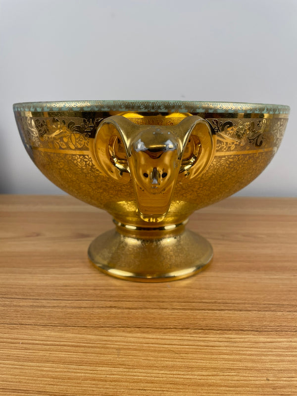 24K Gold ENCRUSTED Antique Bohemia Ceramic Footed Center Bowl. STAMPED