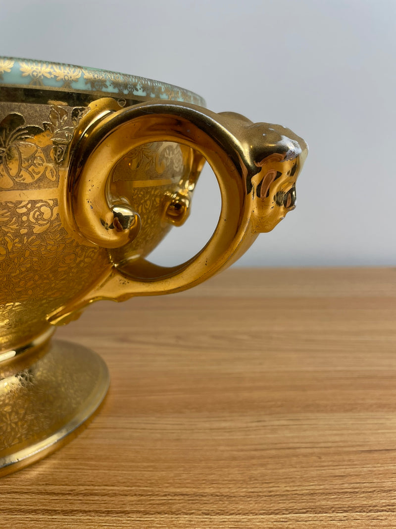 24K Gold ENCRUSTED Antique Bohemia Ceramic Footed Center Bowl. STAMPED