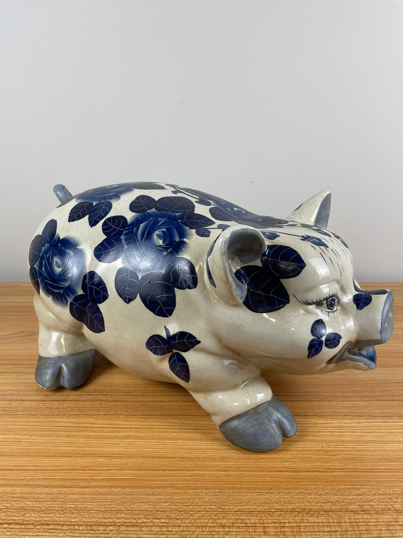 Wemyss Style Large Hand Painted Piggy Bank. White Ceramic with Flowers 18" long