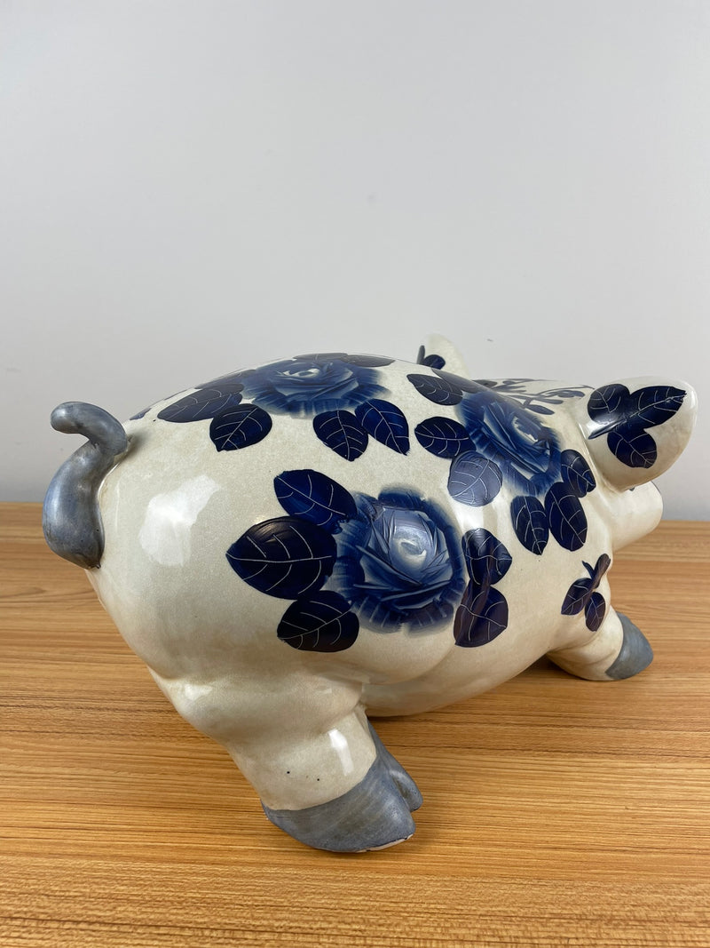 Wemyss Style Large Hand Painted Piggy Bank. White Ceramic with Flowers 18" long