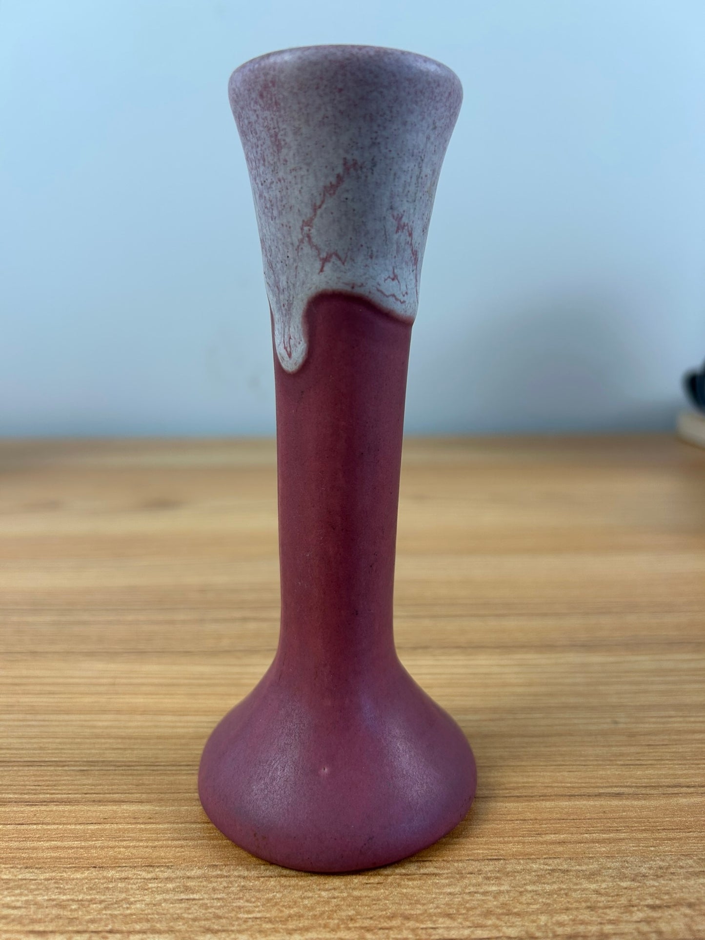 Muncie Bud Vase Tall Neck Bulbous Bottom Drip Glaze White Over Pink Glaze