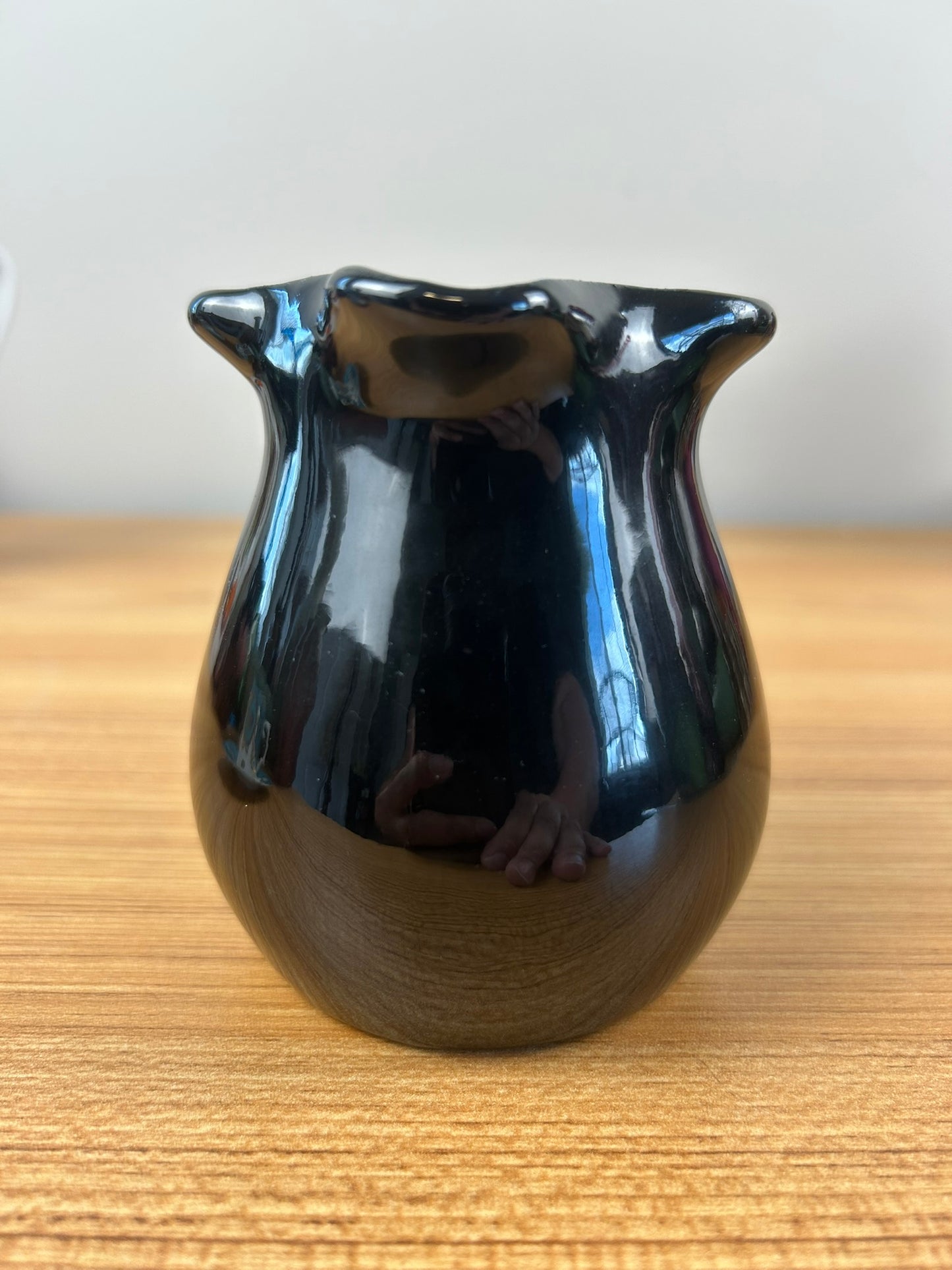 Vintage Muncie Art Pottery Shape #413 Glossy Black Glaze Pinched Rim Vase