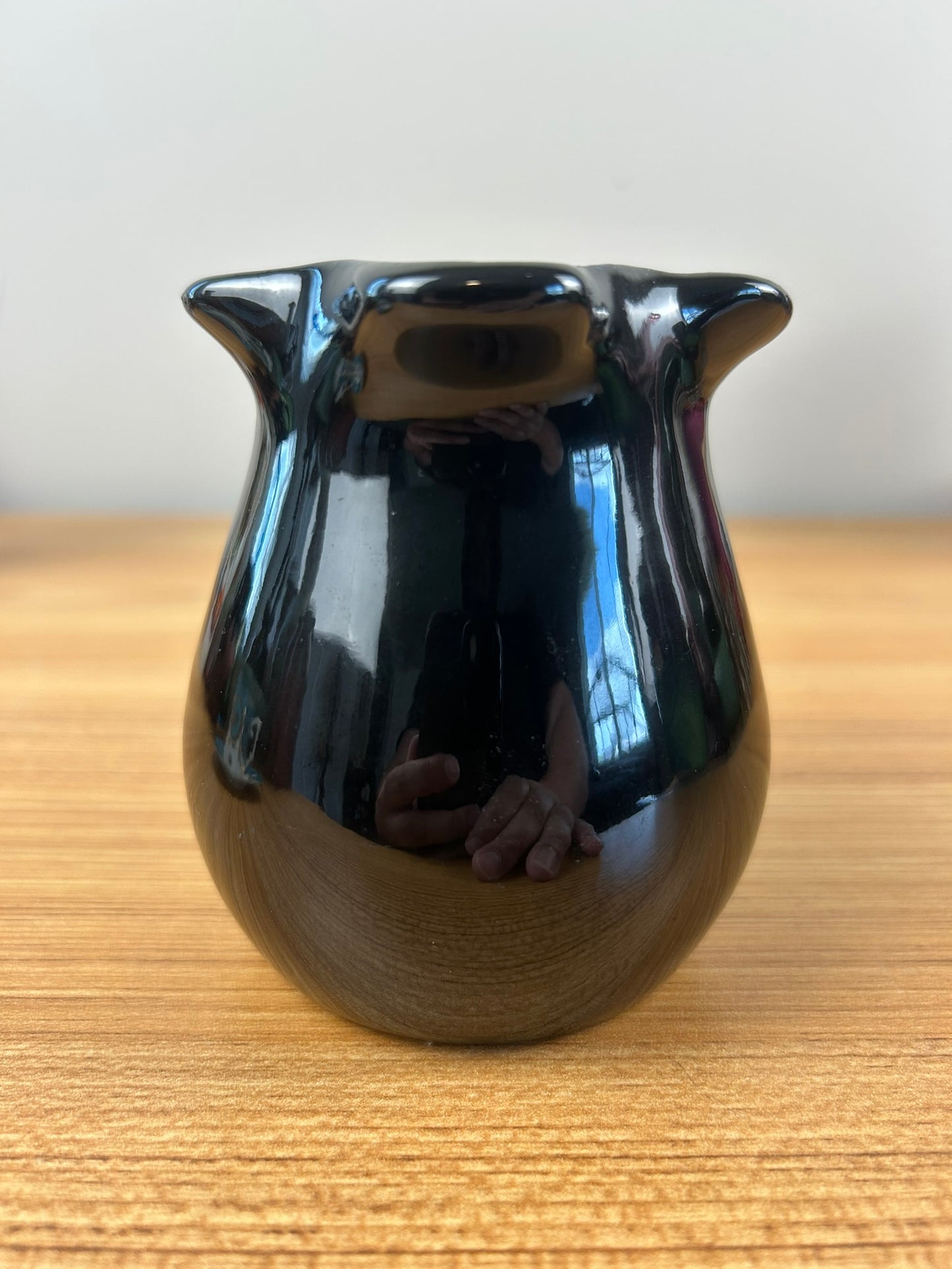 Vintage Muncie Art Pottery Shape #413 Glossy Black Glaze Pinched Rim Vase