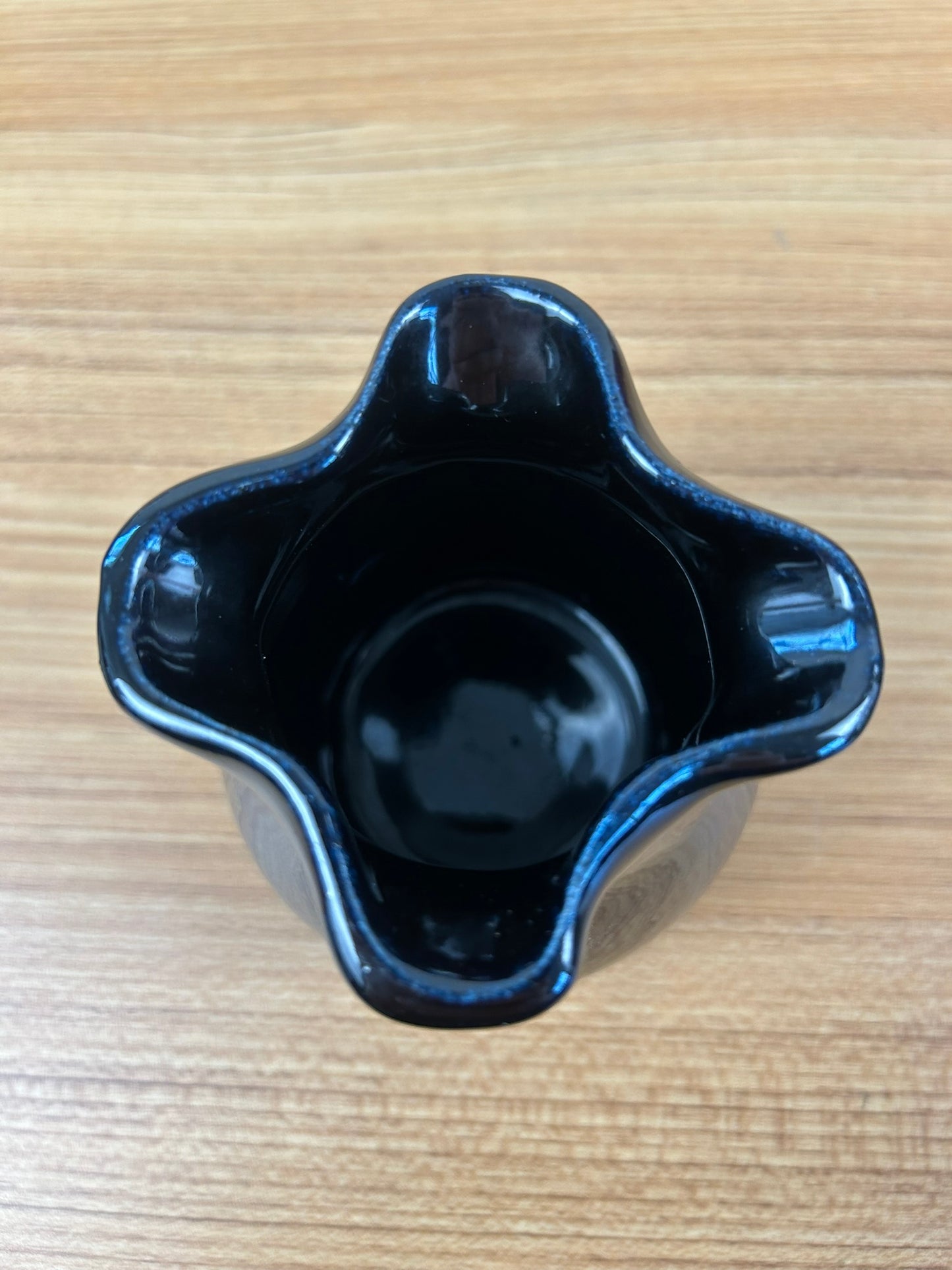Vintage Muncie Art Pottery Shape #413 Glossy Black Glaze Pinched Rim Vase