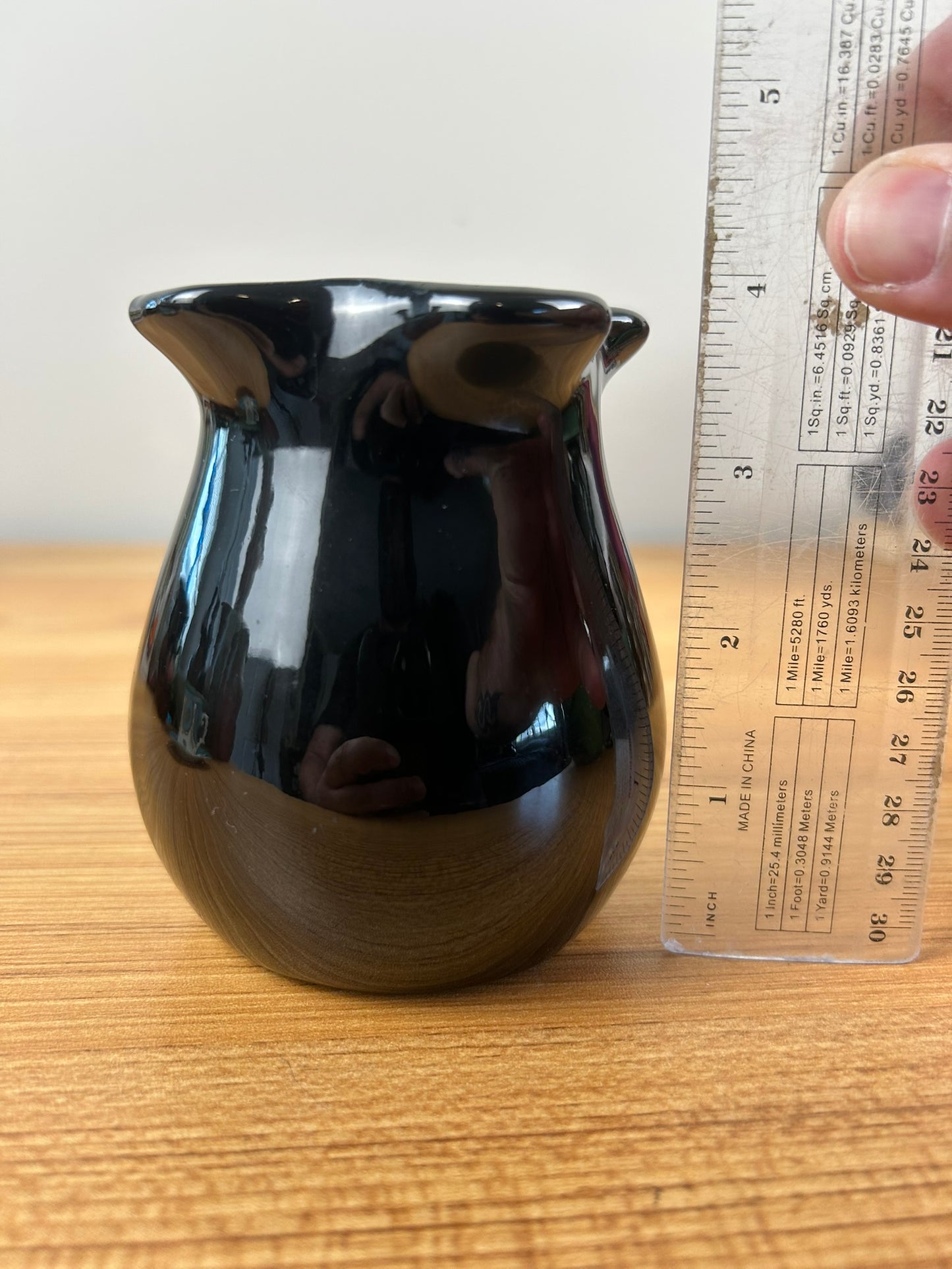 Vintage Muncie Art Pottery Shape #413 Glossy Black Glaze Pinched Rim Vase