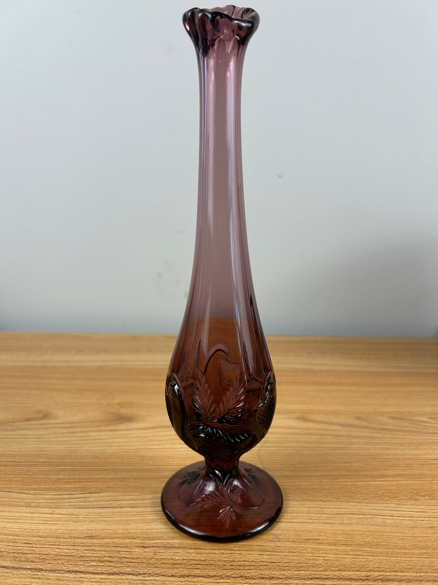 Fenton Amethyst Swung Bud Vase 9.75” Tall. Strawberry And Leaf Pattern