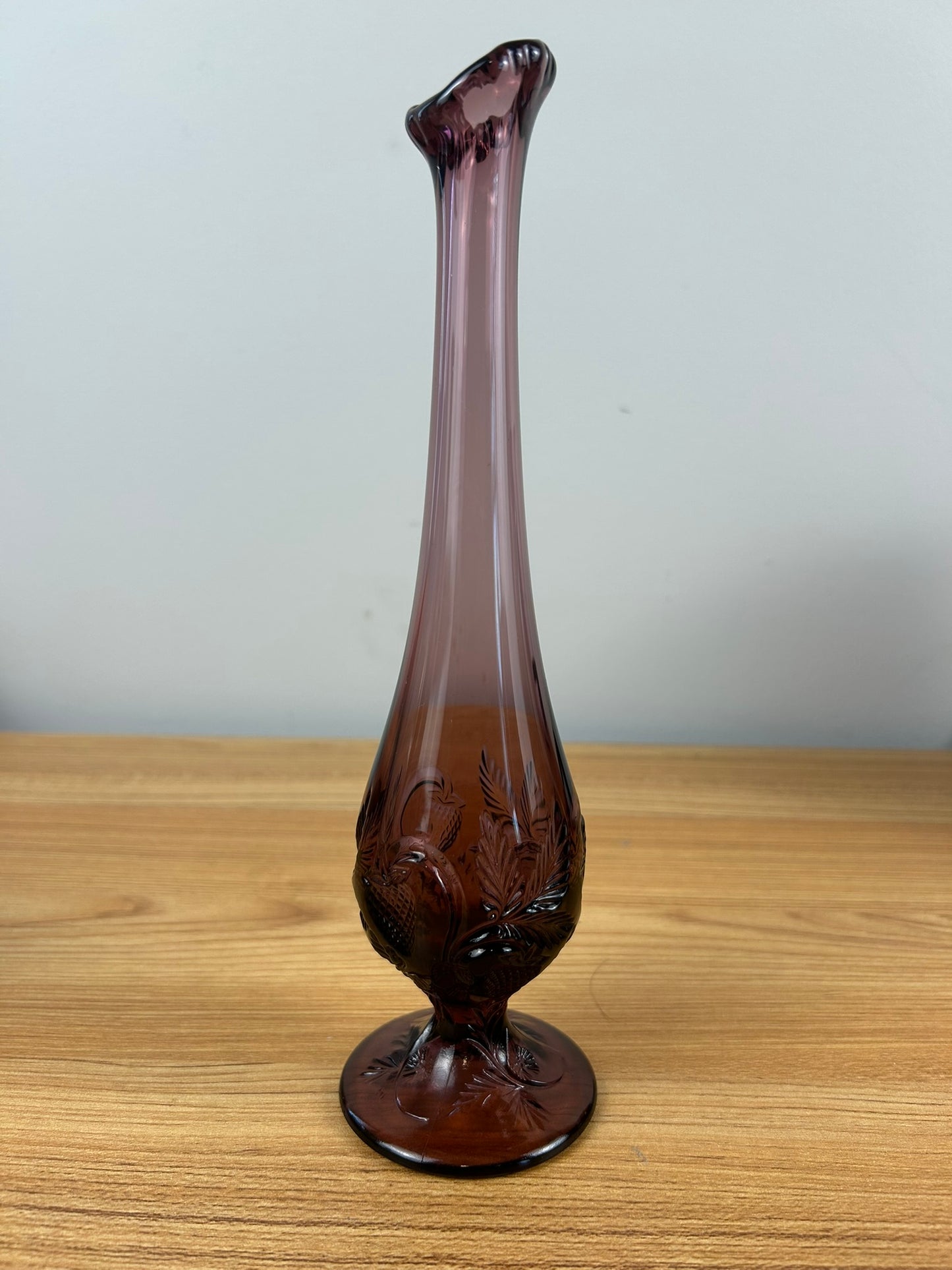Fenton Amethyst Swung Bud Vase 9.75” Tall. Strawberry And Leaf Pattern