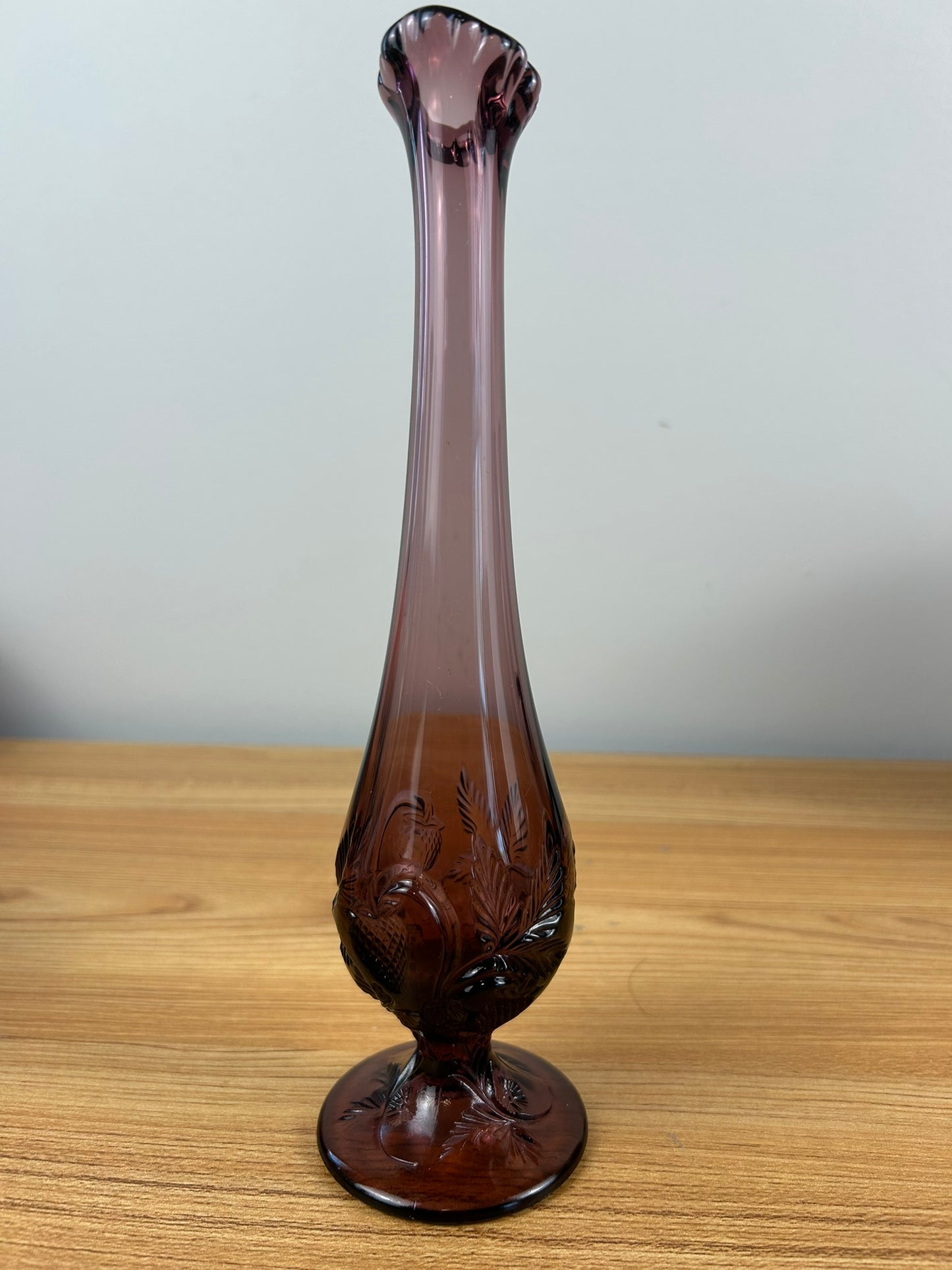 Fenton Amethyst Swung Bud Vase 9.75” Tall. Strawberry And Leaf Pattern