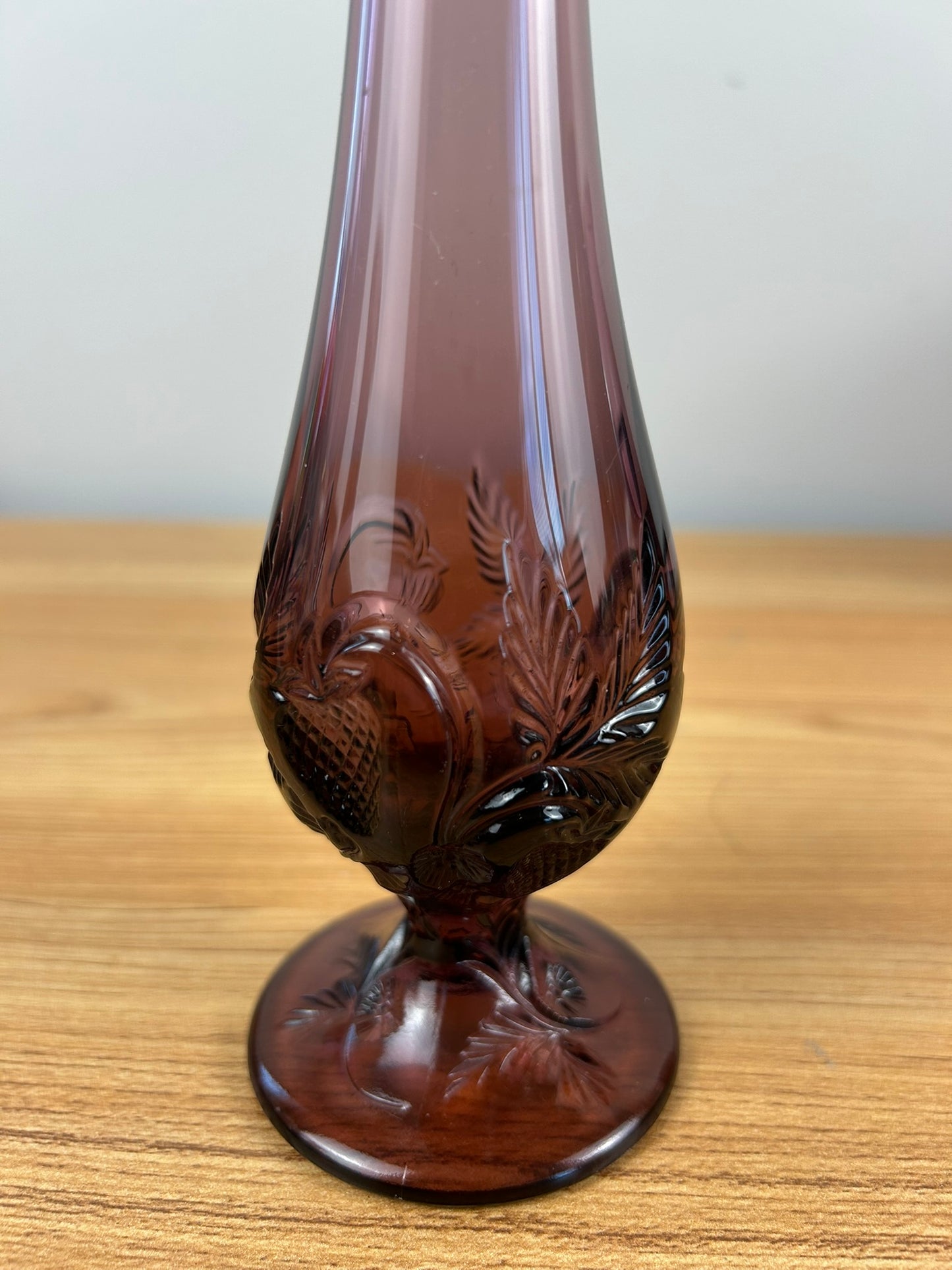 Fenton Amethyst Swung Bud Vase 9.75” Tall. Strawberry And Leaf Pattern