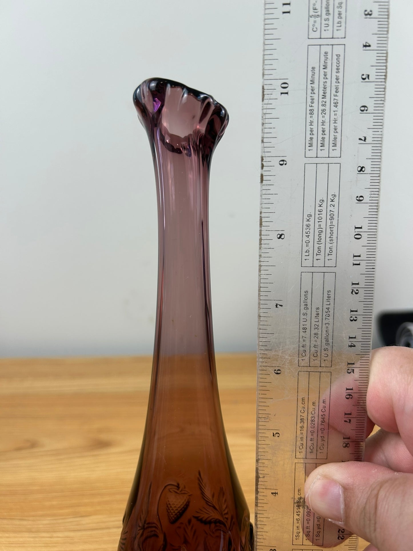 Fenton Amethyst Swung Bud Vase 9.75” Tall. Strawberry And Leaf Pattern