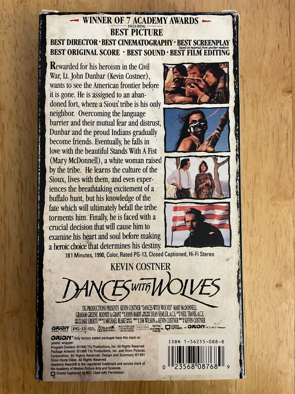 Dances With Wolves 1990 Movie VHS Tape Kevin Costner Orion Pictures PG-13