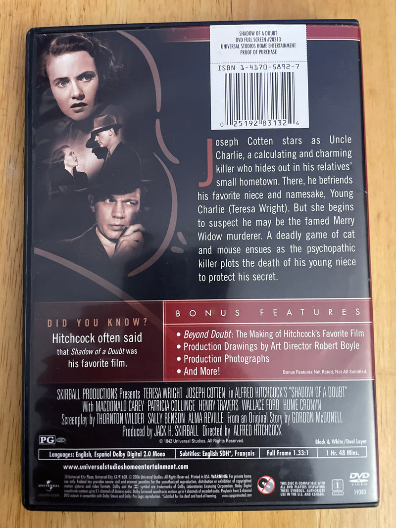 Shadow Of A Doubt 1942 DVD 2006 Universal Edition Alfred Hitchcock Joseph Cotten