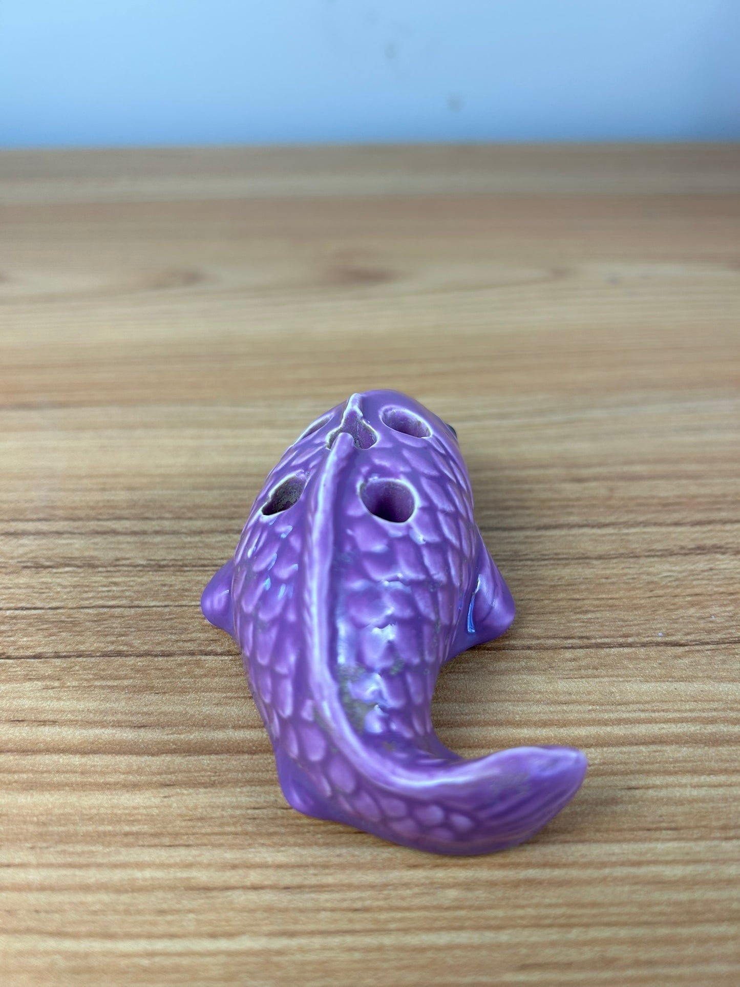 Vintage Purple Art Pottery 5 Hole Koi Fish Flower Frog Flower Arranger