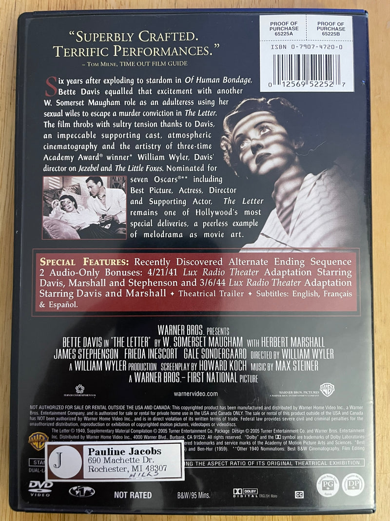 The Letter (DVD) w/Bette Davis………Standard version