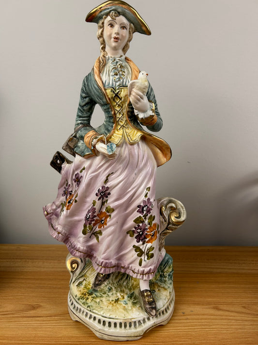 Capodimonte Pottery Large Mid Century 16.5" Tall Woman With Flower Statue